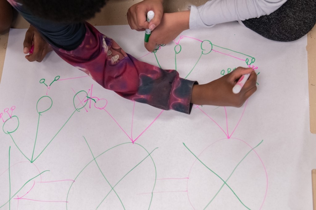 Hands of youth with brown skin draw pink and green network models on a large, white sheet of paper.