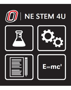 At the top, the University of Nebraska at Omaha logo, a red and black "O," is to the right of the words "NE STEM 4U" in white text against a black background. Four white outlined boxes are below the text. The top left box has a white line drawing of a beaker inside of it; the top right, two gears; the bottom left, a piece of paper and pencil; and the bottom right, the equation "E=mc^2"