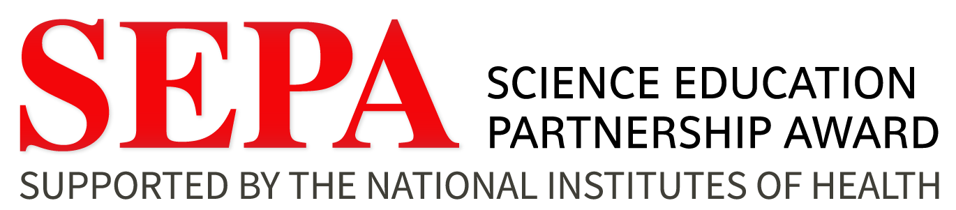 "SEPA" in large red serif font. To the right, "SCIENCE EDUCATION PARTNERSHIP AWARD" in capital black letters. Stretching across the bottom of both text blocks are the words "SUPPORTED BY THE NATIONAL INSTITUTES OF HEALTH" in gray capital letters.