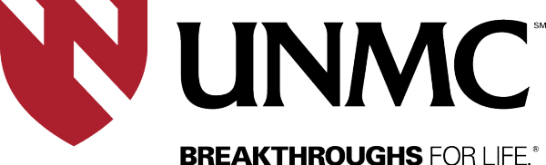 The University of Nebraska Medical Center logo, a dark red shield with cutouts to the left of the letters "UNMC" in large black text, with the slogan "BREAKTHROUGHS FOR LIFE" below the letters.