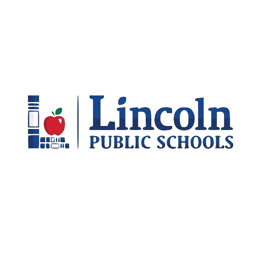 Lincoln, Nebraska Public Schools logo depicting a red apple on top of a stack of books in the shape of an "L." To the left are the words "Lincoln PUBLIC SCHOOLS" in navy blue serif lettering.