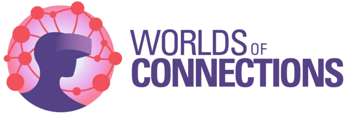 Worlds of Connection logo featuring a purple silhouette of someone wearing VR goggles, revealing a colorful pink network