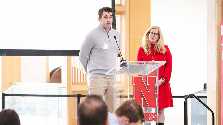 Blake Lawrence talking at the podium
