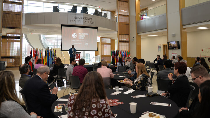 Dr. Kalu Osiri speaks at the International Business Summit in Howard L. Hawks Hall.