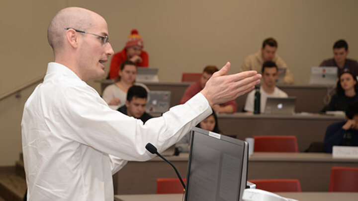 Dr. Brian Baugh asks students to solve a hedging problem in his derivatives class.
