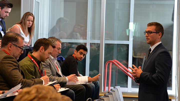 Students have three minutes to pitch their idea to a panel of judges.