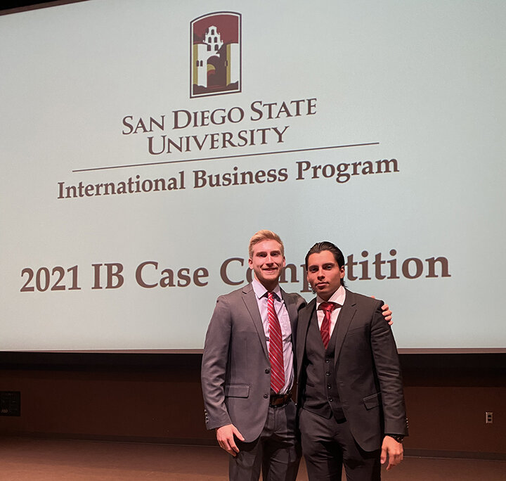 Eduardo Sicilia and Jonathan Gerdes presented with their team at the 2021 International Business Case Competition held at San Diego State University.