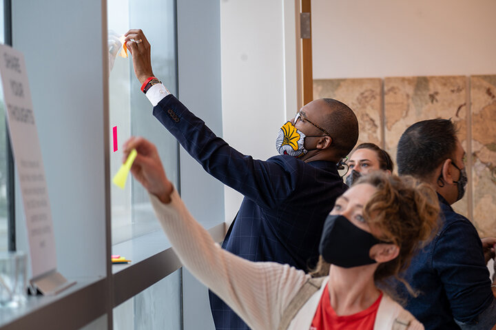 After the ribbon cutting, event attendees mingled in the DIGS, checked out its new furniture and left encouraging notes for people that will inspire the artists designing art to go up inside DIGS. Students will be able to take part in painting the art through a paint-by-numbers community-building event later this semester.