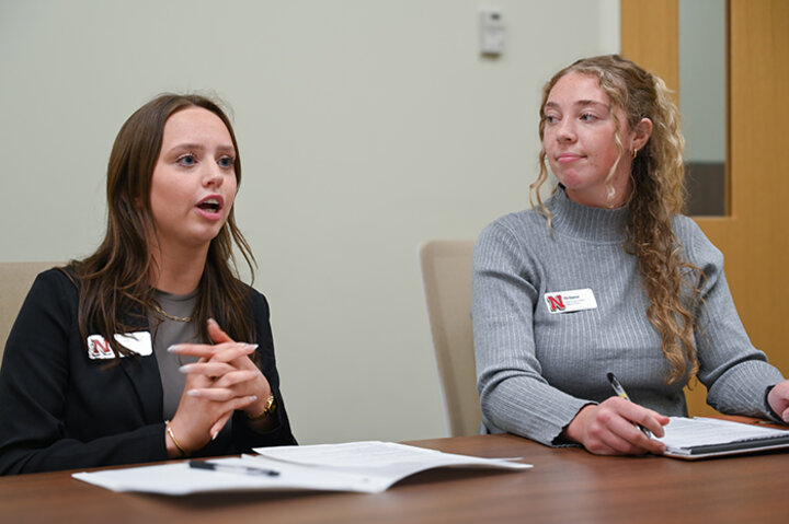 Cadence McCollister (left), advertising and public relations major, and Ella Bowman, marketing major, finished second.