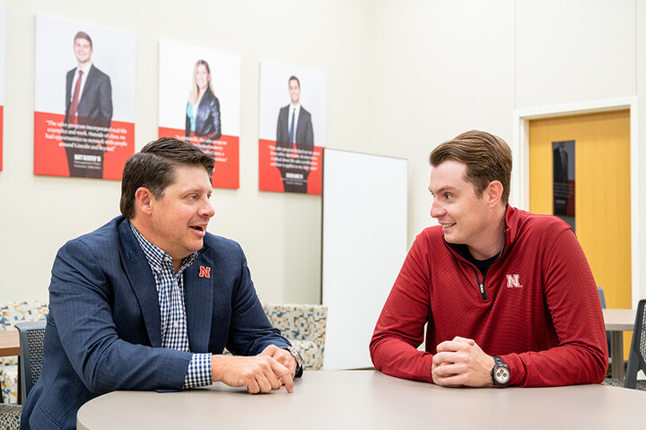 While taking the MRK 357 course, Shoemaker sold the first platinum sponsorship for the annual Center for Sales Excellence Golf Tournament. Chad Mardesen (left), associate professor of practice in marketing, taught the course and set an aspirational top sponsorship level.