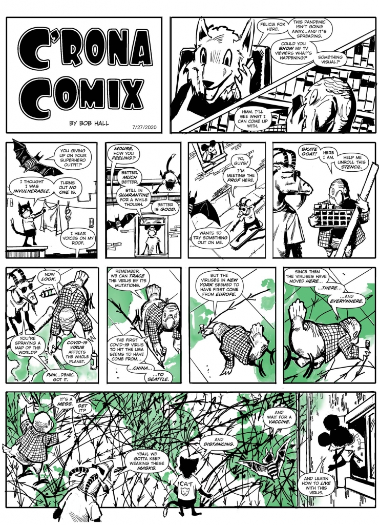 A black-and-white illustrated page from C'RONA COMIX with green accents