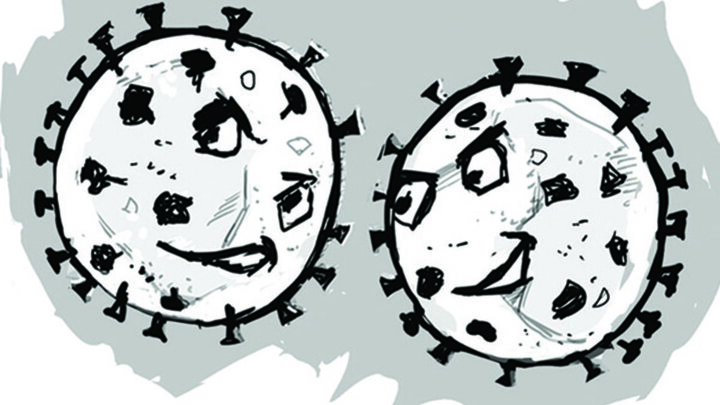 Two anthropomorphic SARS-CoV-2 viruses look at each other and smirk. They viruses are sketched in a black-and-white comic book style