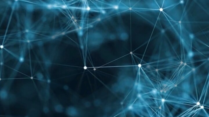 A blue-green network against a black background