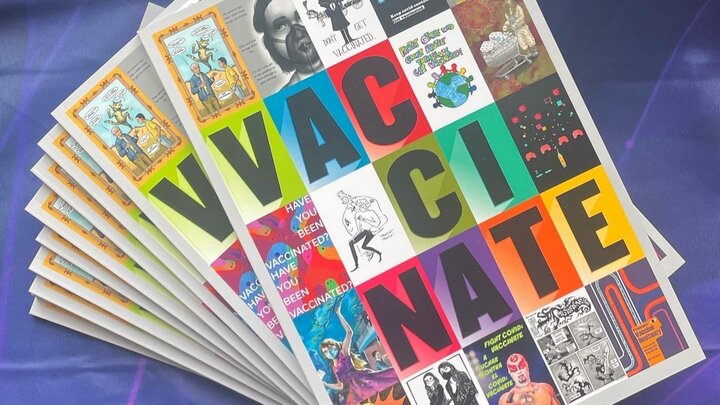 a stack of paperback copies of the art book Vaccinate