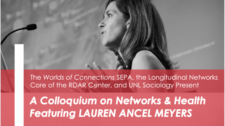 Advertisement for a colloquium on networks and health featuring Lauren Ancel Meyers. Black-and-white photo of Lauren, a woman with fair skin and medium-length hair, speaking into a microphone. 