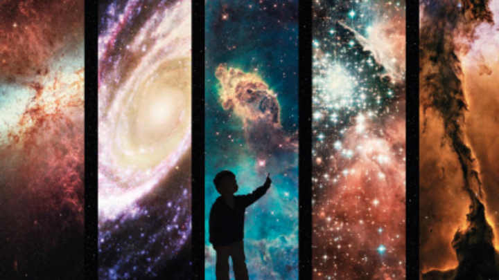 Silhouette of a child pointing in front of five panels depicting different, colorful nebulae