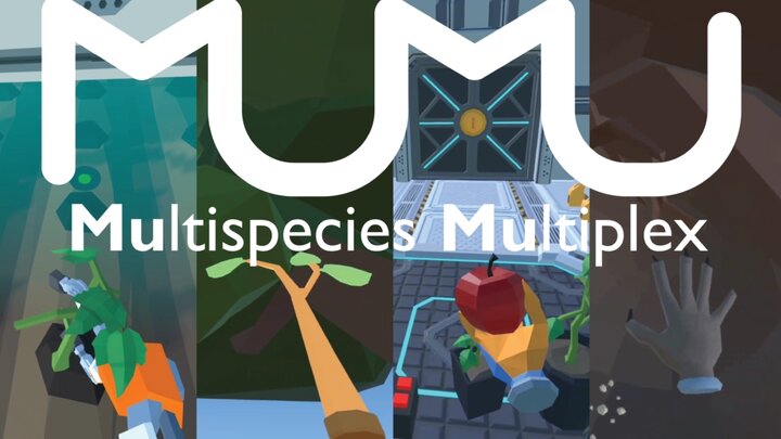 Four different vertical panels with"MUMU: Multispecies Multiplex" in large white text overlaid. Each panel shows a limb reaching forward from the perspective of the owner of the limb. At left, an orange robot hand holds a green leafy plant against a background of a tilled dirt field. Next, a tree branch reaches up toward the sky, with more tree leaves in the background. To the right of the tree branch, a gloved farmer hand holds an apple. On the far right, a gopher paw digs in the dirt.