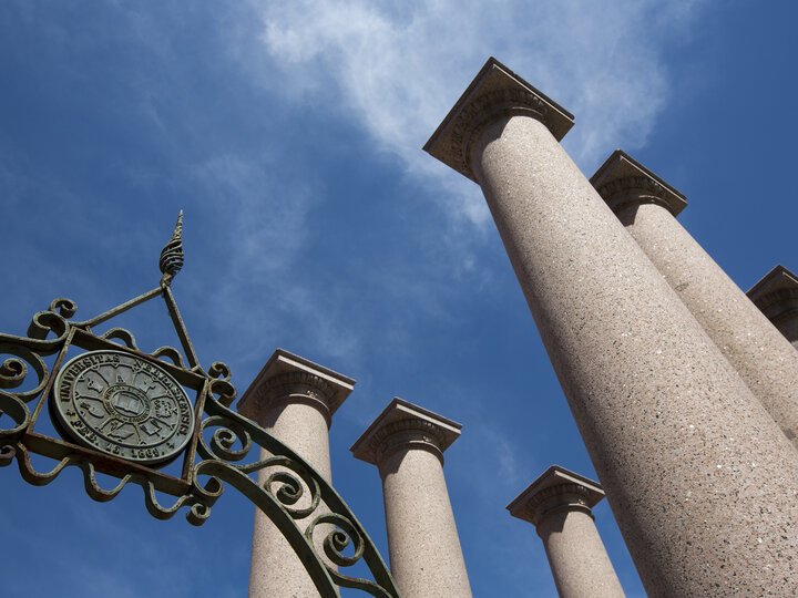 Columns stretch toward the sky at the entrance to the University of Nebraska-Lincoln
