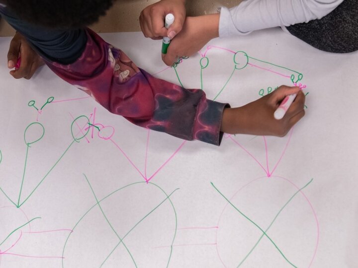 Hands of youth with brown skin draw pink and green network models on a large, white sheet of paper.