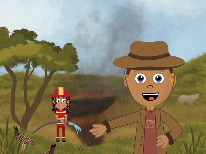 2D digitally animated drawing of a prairie where one area is on fire. In the background, a youth with long dark hair with pink streaks wearing a firefighter uniform hoses out the fire, creating smoke. Prairie chickens and a grasshopper roam. In the foreground, a youth with brown skin wearing a shirt that says "STEM IT UP," a trench coat, and wide-brimmed hat gestures at the scene behind them.