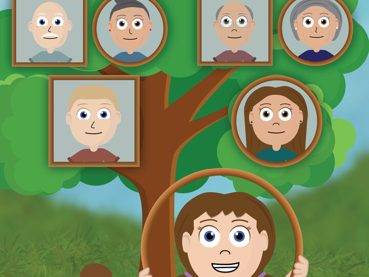 2D digitally animated tree standing in front of green grass and a blue sky. A squirrel eats acorns below the tree. Framed photos of family members hang in the branches of the tree. A young person wearing a purple T-shirt and pigtails stands in front of the tree holding a round frame in front of their face and smiling.