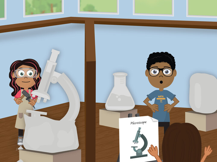 2D digitally animated drawing of an art studio. Behind a wall, a sculptor with dark hair with pink streaks sculpts a microscope out of clay. On the other side of the wall, a youth with dark hair and skin wearing glasses stands with an open mouth. There are lumps of clay on either side of them. Another youth faces the youth in glasses while gesturing with their arms up. In front of the gesturing youth, an easel with a picture of a microscope.