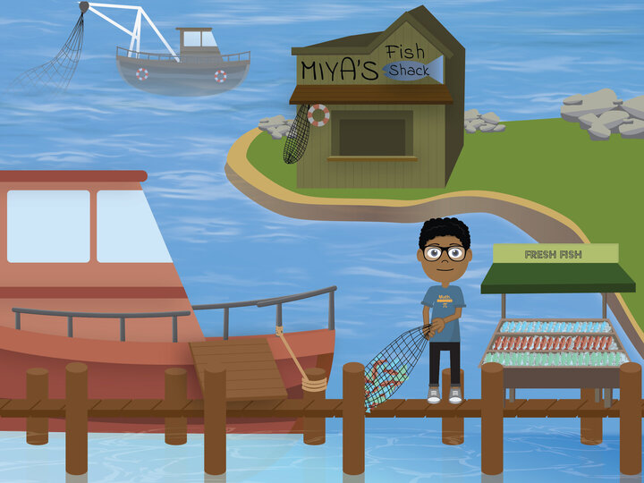 A fishing port scene, with a fisher pulling a net of fish onto a dock in the foreground. A fishing boat is stationed at the dock. Inland, a small building stands, with a sign reading "MIYA'S FISH SHACK." More fishing boats move through the water behind the shack.