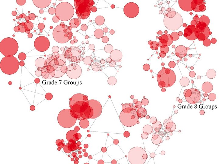 A network map of friendship groups by grade level, represented by red nodes of varying levels of transparency connected by links