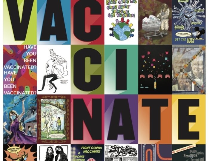 25 tiles with letters on 9 tiles in the middle spelling out “Vaccinate” are surrounded by small squares with some of the pro-vaccine  posters.