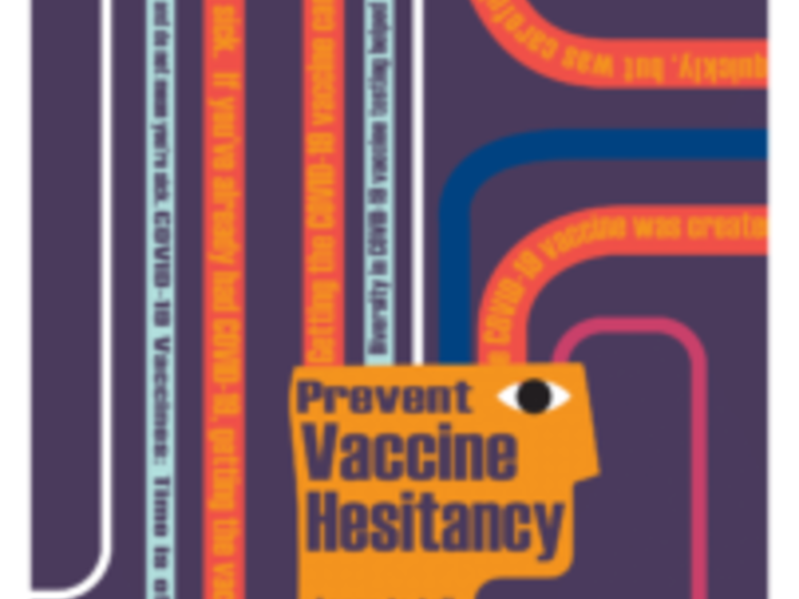 Illustration of a simple side profile of an orange human head, with the top truncated and curved colored lines winding into it, on dark purple background. On the head in dark purple text: “Prevent vaccine hesitancy. Learn to tell vaccine fact from myth. Get the facts.” On some of the curved lines, text lists facts about the COVID-19 vaccinations.