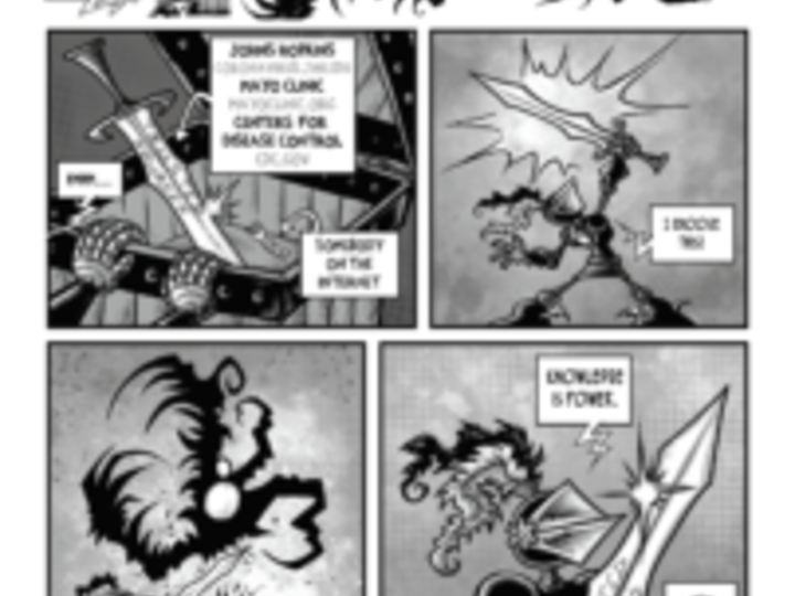 A five-panel, black-and-white cartoon with all text in all caps depicting a knight slaying a dragon labeled "Misinformation" with a sword labeled "Trusted Sources"