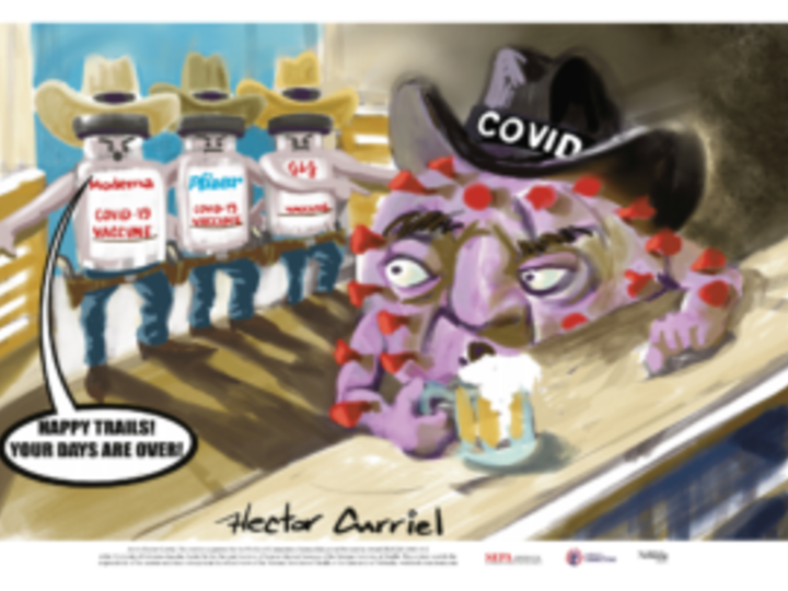 Illustration of three anthropomorphized vaccines, labeled Moderna, Pfizer and J&J, dressed in cowboy hats, jeans, and gunbelts bursting into saloon to see a surprised purple-and-red SARS-CoV-2 virus sitting at the bar turning to look at them. The virus is wearing a black cowboy hat labeled “COVID.” Moderna vaccine: “Happy Trails! Your days are over.”