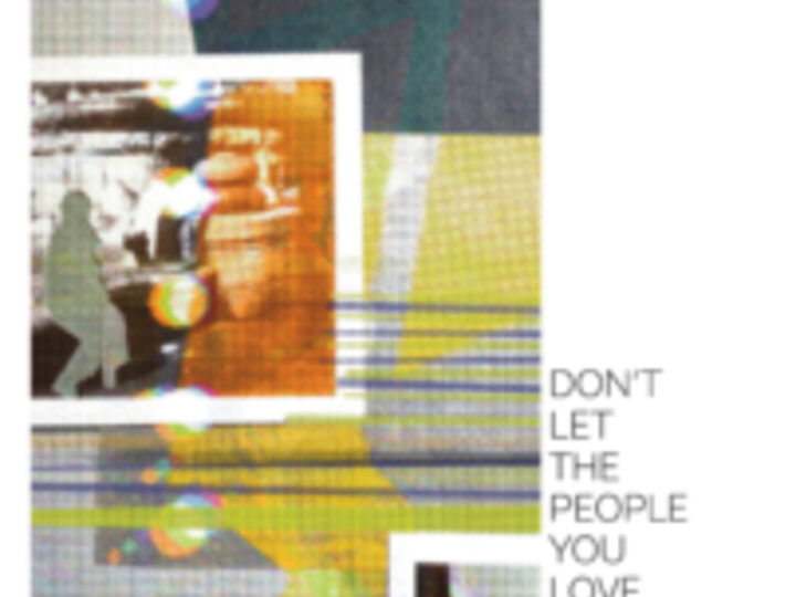 Right third of vertical poster is white with black all caps text: “Don’t let the people you love disappear. Get your COVID vaccine.” On left is truncated collage of three ambiguous polaroids with white borders on a patterned geometric background of grey, yellow, and blue.