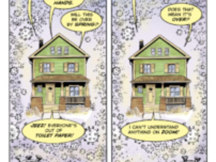 Two-panel vertical cartoon labeled March 2020 and March 2021. Each panel features the same green house surrounded by hundreds of coronaviruses floating all around. Speech bubbles around the house indicate voices inside commenting on the pandemic. In March 2020, a close-up coronavirus says, "This is gonna be easy!" In March 2021, the virus says, "Vaccine? That's bad!"