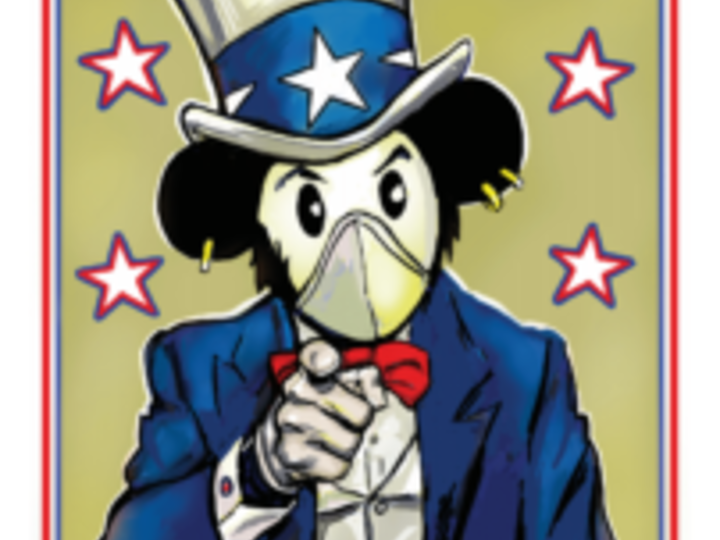 Drawing of masked mouse, Graffiti Mouse, dressed in red, white and blue with top hat, pointing at viewer, similar to “I Want You” Uncle Sam recruitment poster. Blue and red block text reads, “Make America Free Again,” above Mouse and “Vaccinate” below Mouse.