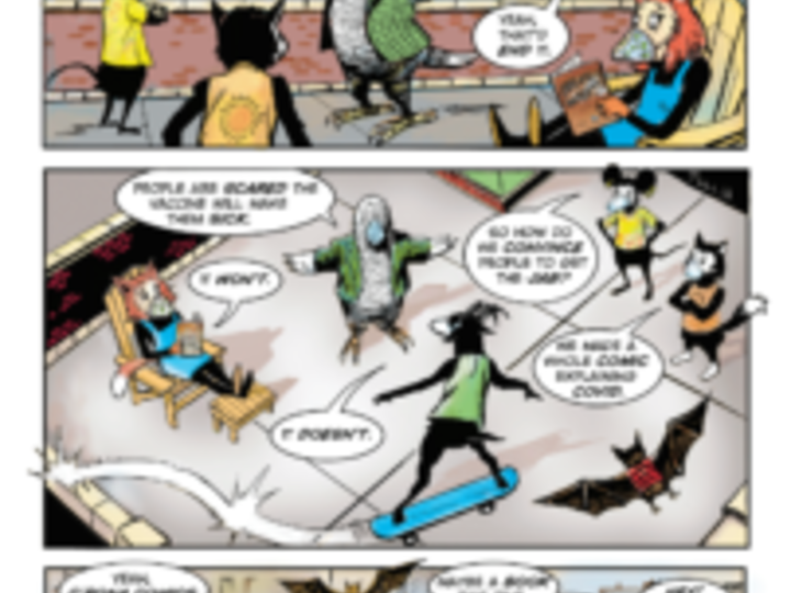 Three color comic panels depicting masked, clothed, anthropomorphic animals talking together on a rooftop and coming up with the idea to create a book of posters to encourage people to get vaccinated against COVID-19.