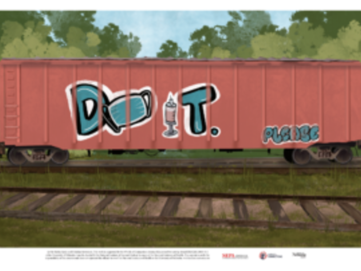 A digitally drawn reddish train car with spray-painted graffiti reading “Do It” and “Please” in large teal, black, and white capital letters. The “o” is a mask and the “I” is a syringe. Background is greenery, blue sky, and brown train tracks over dirt and grass.