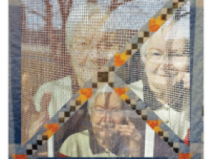 Composite of three versions of photo of elderly woman behind window screen holding a phone to her ear and looking toward viewer, framed within quilt block sashing.