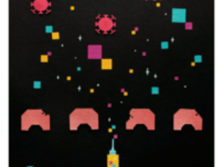Cut paper illustration of Space Invaders-like game screen with black background, with viruses as red targets, and yellow and blue vaccine needle as shooter at bottom. In bottom left is the number “3” and two needles to show how many chances the player has before it’s game over.