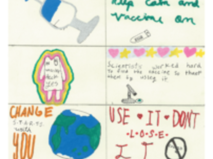 Ten even panels hand-drawn and lettered in pink, green, yellow, orange, and blue by a nine-year-old artist encouraging people to get the COVID-19 vaccination