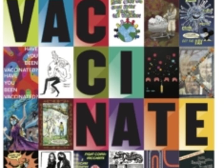 There are 25 tiles and in the middle the letters of 9 tiles spell “Vaccinate” surrounded by small squares with some of the pro-vaccine posters.