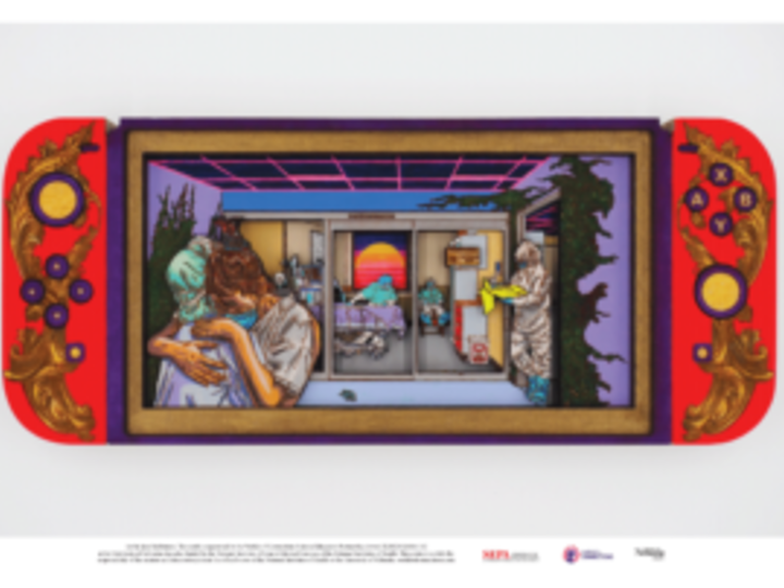 Relief carving of Nintendo Switch with screen showing hospital ward and staff in protective gear. One hospital care provider is hugging a grieving person in a mask as other workers rest or prepare for new patients.