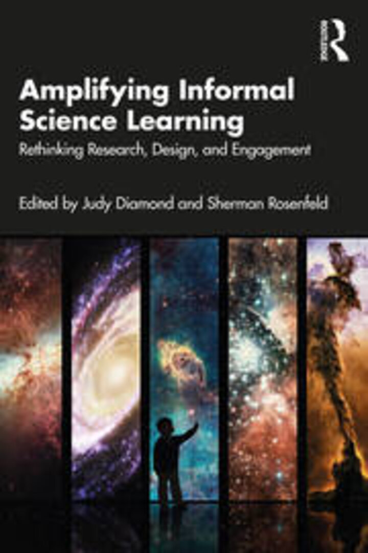 Silhouette of a child pointing in front of five panels depicting different, colorful nebulae. Above, the title "Amplifying Informal Science Learning" in white text.