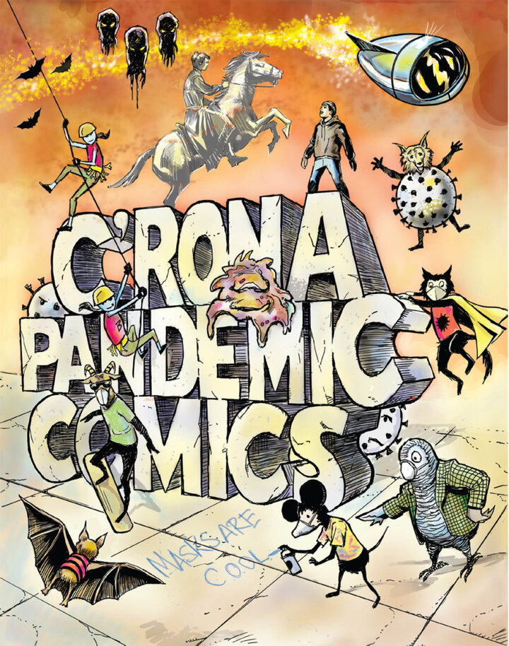 Book cover with characters from C'Rona Comics, including the ghost of Dr. Susan La Flesche Picotte, Skate Goat, Graffiti Mouse, Professor Gray, and the anthropormorphized coronavirus itself. The cover features orange and yellow tones, and the title C'RONA PANDEMIC COMICS is in 3D block lettering.