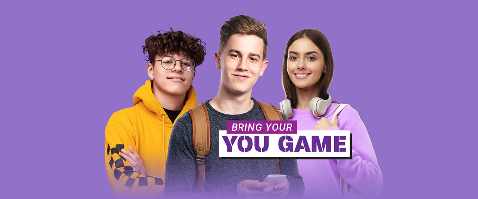 Three young adults behind a "Bring Your Game" title.