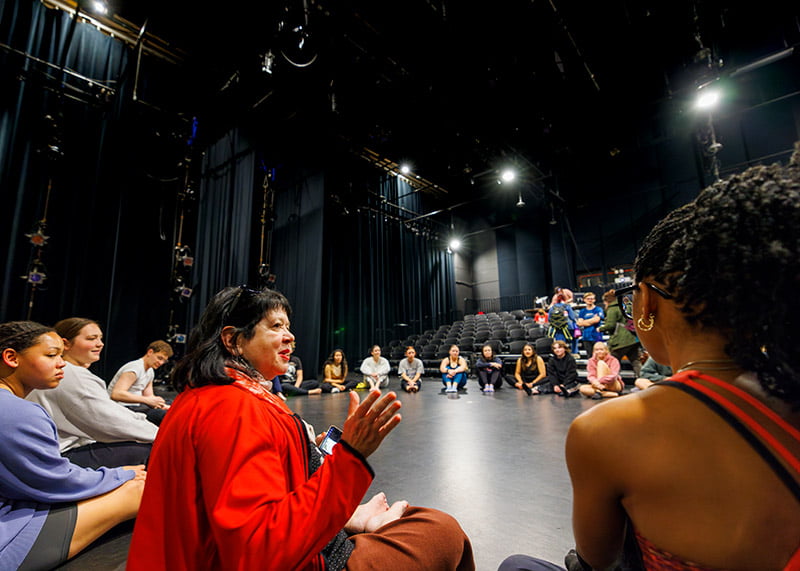 Dancers sit onstage listening to a professor speaking.