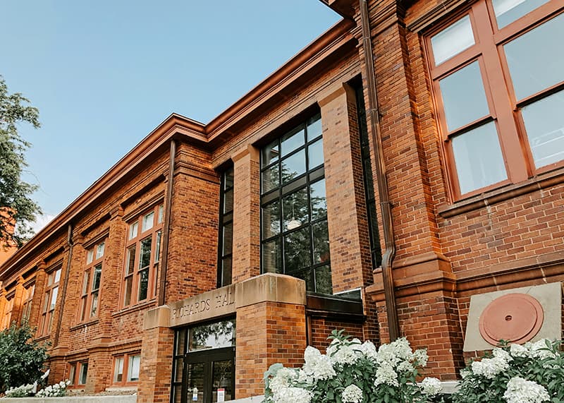 The stadium-side entrance of Richards Hall.