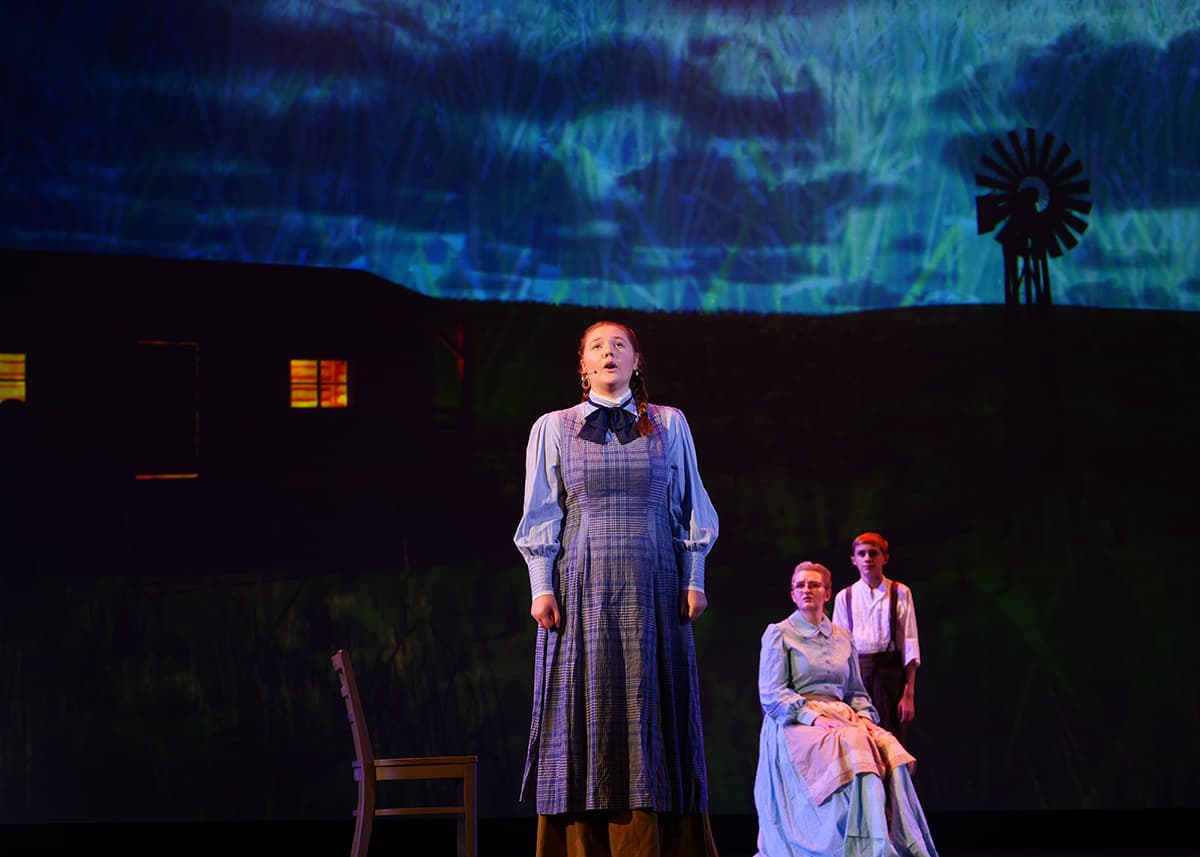 An actor stands on stage during a performance.