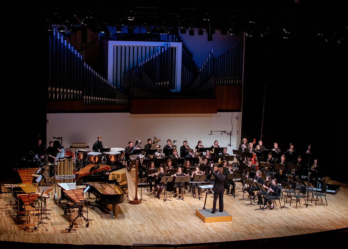 An ensemble of musicians plays on stage.