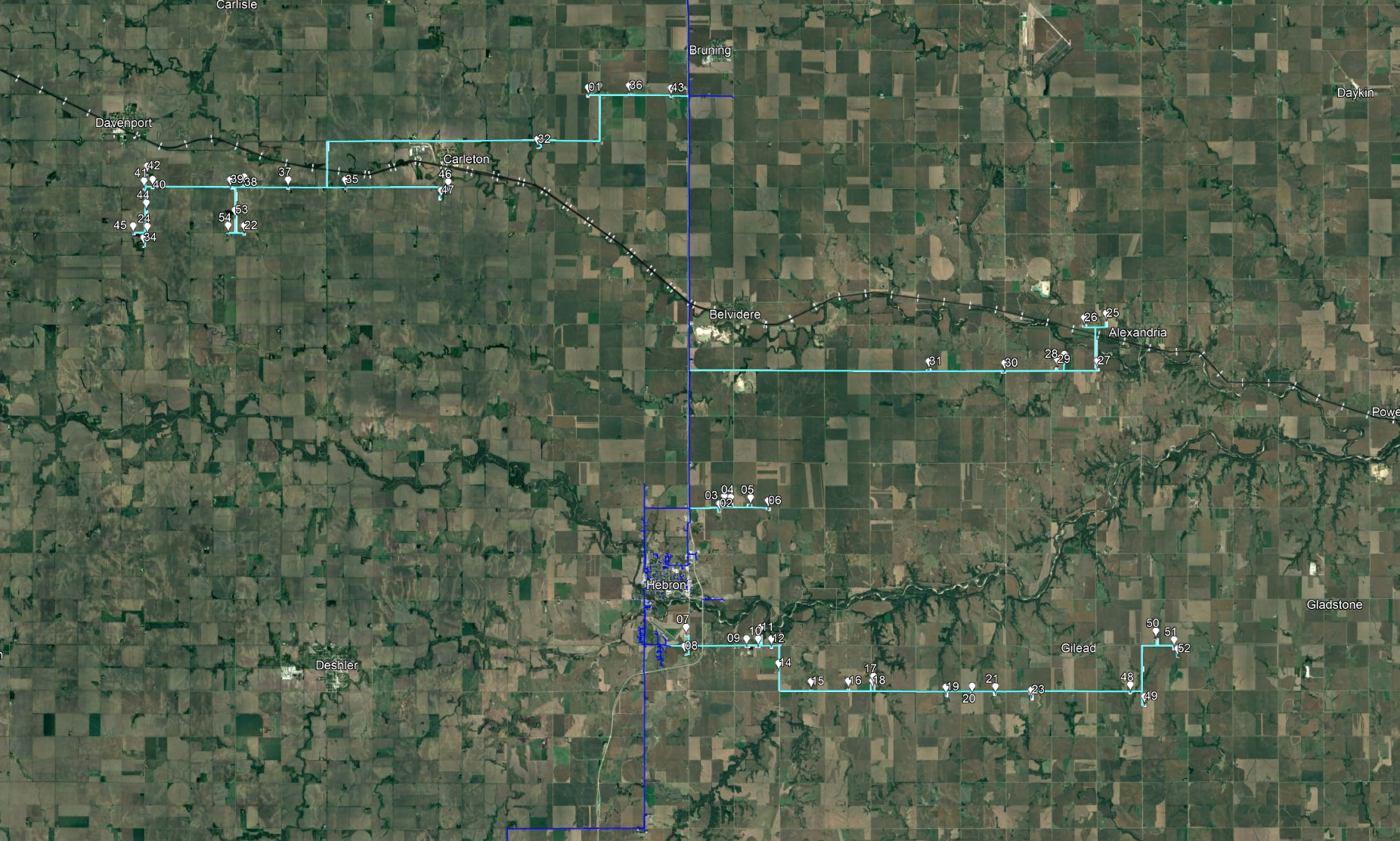 This map shows where telecommunications company Glenwood will lay new cables for broadband internet. Dark blue lines represent existing cable. Light blue lines represent cable that will be laid. Courtesy of Glenwood